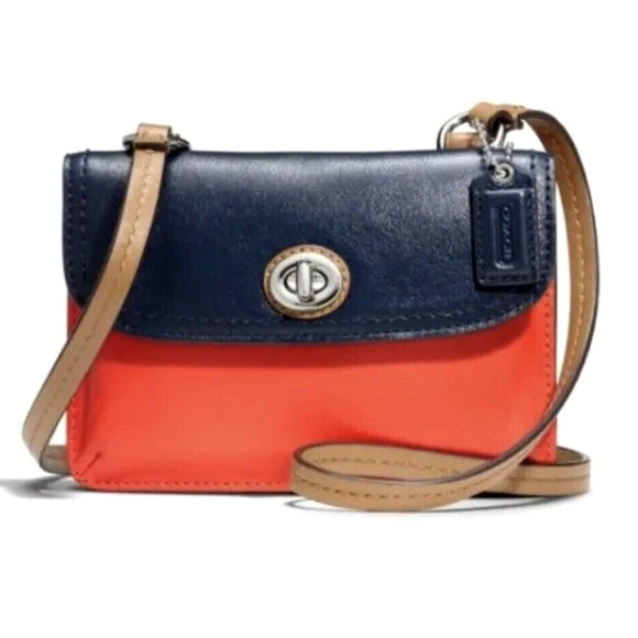 Coach Park Dylan Colorblock Navy Vermillion Leather Wallet Crossbody Bag F49554 - Picture 1 of 16